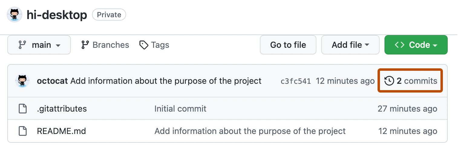 Captura de tela da página do repositório no GitHub. Acima da lista de arquivos e ao lado do ícone de relógio, o link rotulado "2 commits" está contornado em laranja.