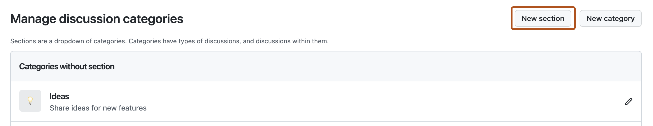 Capture d’écran de la page « Gérer les catégories de discussion ». Un bouton intitulé « Nouvelle section » est mis en évidence avec un encadré orange.