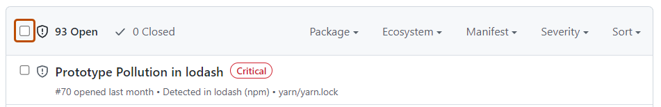 Screenshot des Headerabschnitts der Ansicht für Dependabot alerts. das Kontrollkästchen „Alle auswählen“ ist dunkelorange umrandet.