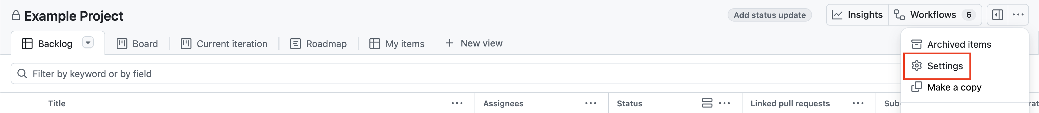 Capture d’écran montrant l’emplacement du bouton « Paramètres » dans le menu du projet, mis en surbrillance avec un contour rouge.