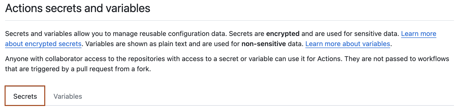 Скриншот страницы «Действия, секреты и переменные». Вкладка "Секреты" выделена темно-оранжевым цветом.
