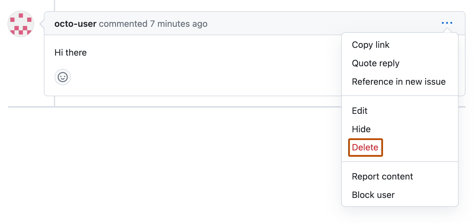 Screenshot eines Pull Request-Kommentars von octo-user. Unter einem Symbol mit drei Punkten wird ein Dropdownmenü erweitert, und „Delete“ ist orange umrandet.