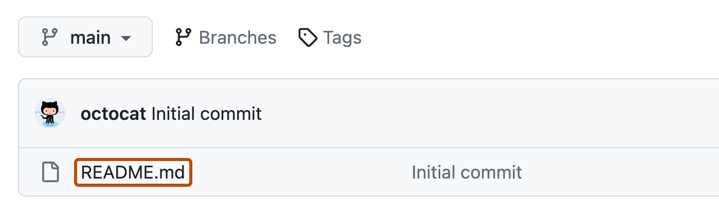Captura de tela de uma lista de arquivos em um repositório. Um nome de arquivo, "README.md", está realçado com um contorno laranja.