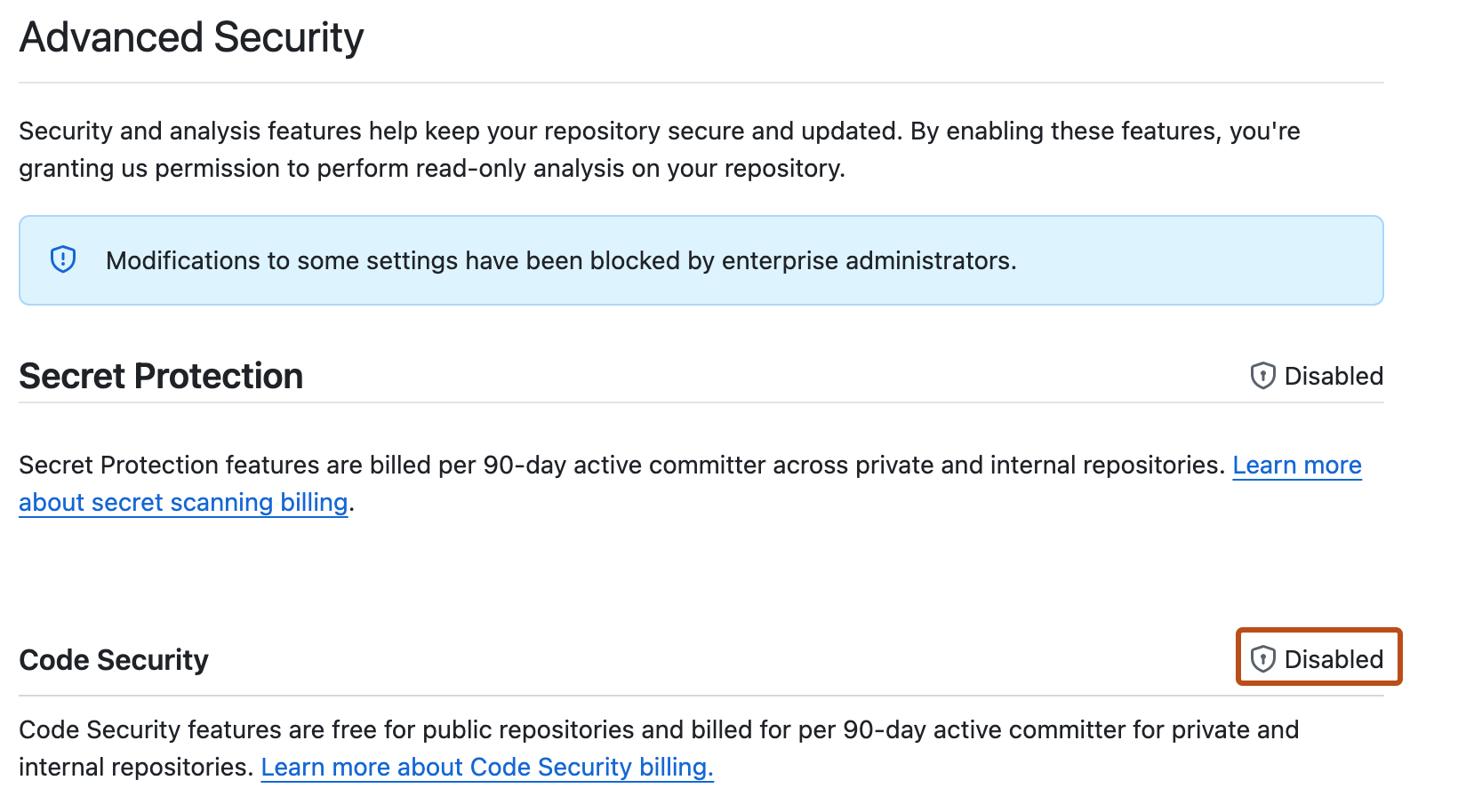 "Captura de tela da configuração Advanced Security". A opção desabilitada está destacada em laranja escuro.