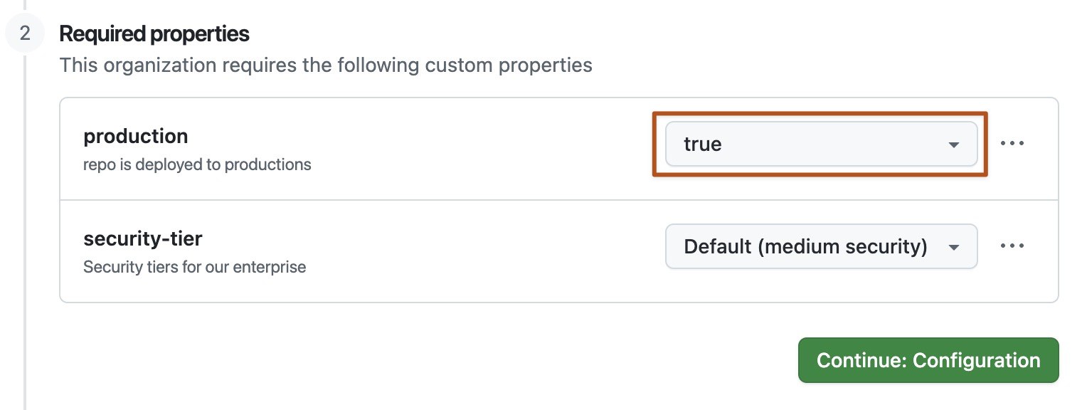 값이 설정된 "프로덕션" 및 "보안 계층" 속성을 보여주는, 리포지토리 만들기 양식의 "필수 속성" 섹션 스크린샷