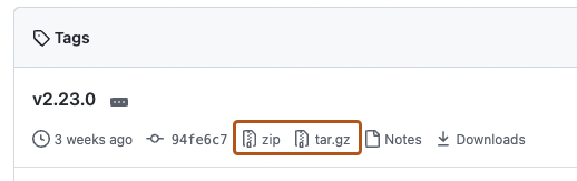 Screenshot der Seite „Tags“ eines Repositorys. Die Optionen „zip“ und „tar.gz“ sind dunkelorange umrandet.