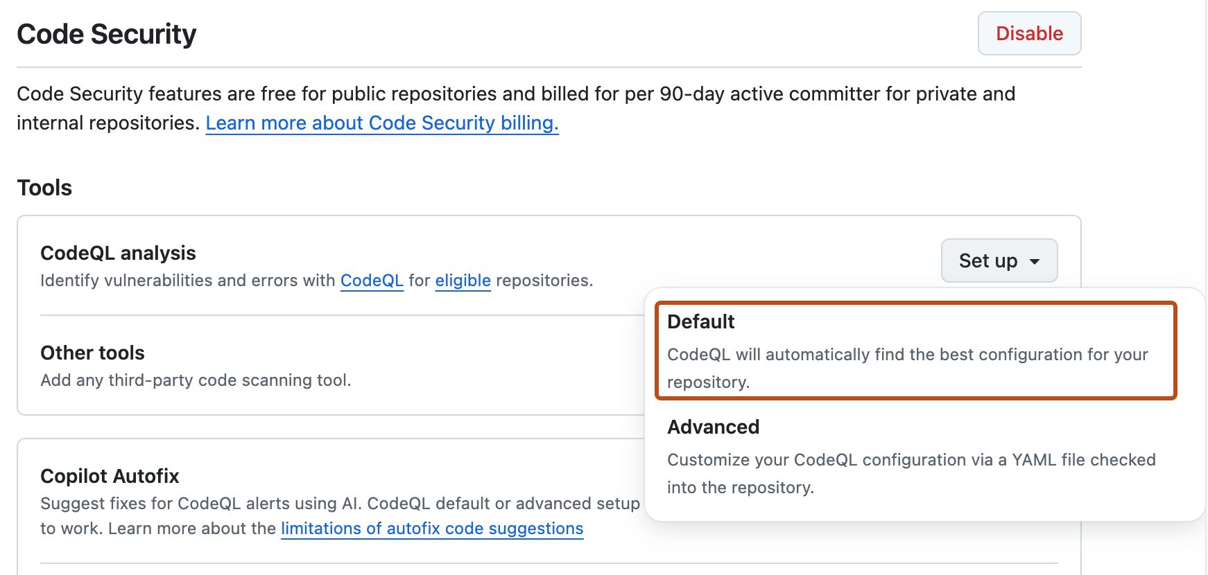 Screenshot of the "Code Security" section of "Advanced Security" settings. The "Default setup" button is highlighted with an orange outline.