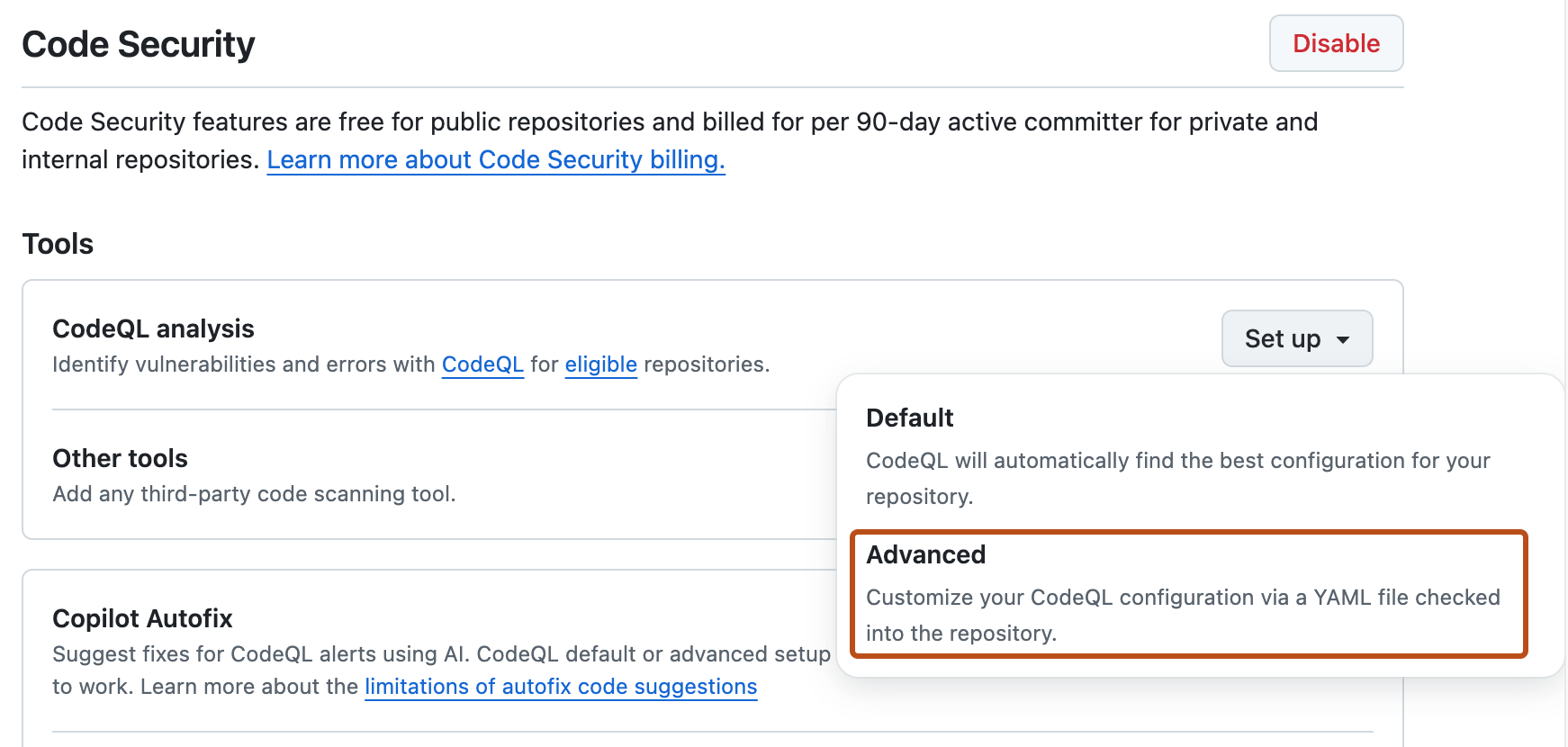 Screenshot of the "Code Security" section of "Advanced Security" settings. The "Advanced setup" button is highlighted with an orange outline.
