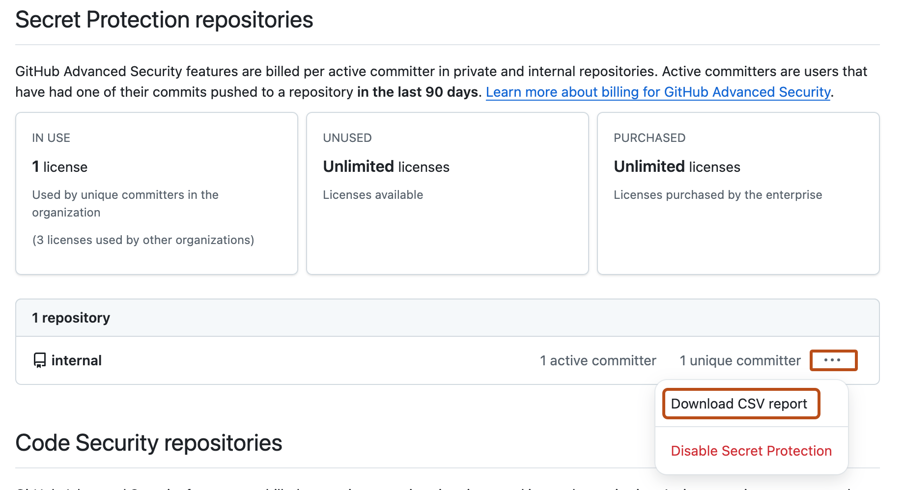 Screenshot of the table for GitHub Secret Protection usage. The horizontal kebab icon and "Download CSV report" button are outlined in orange.