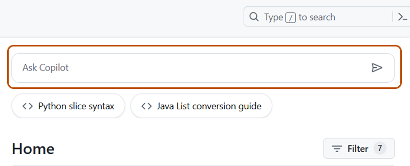 Screenshot of the dashboard with the "Ask Copilot" box highlighted with an orange outline.