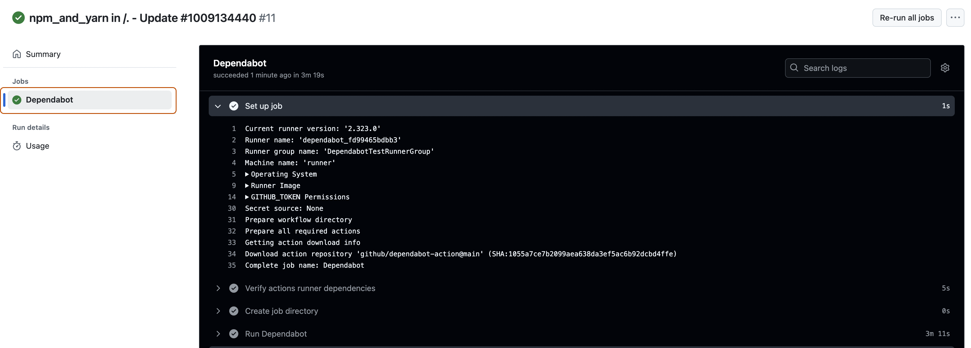 Example of log for a "Dependabot in vnet" workflow. The Dependabot job is highlighted with an orange outline. 