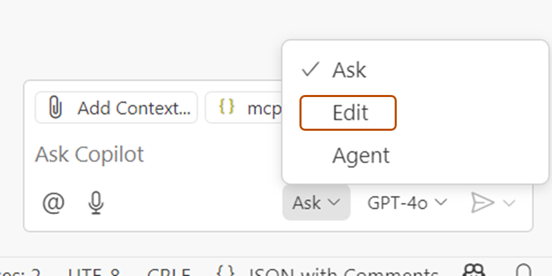 Screenshot of the Copilot Chat mode dropdown. The "Edit" option is outlined in dark orange.