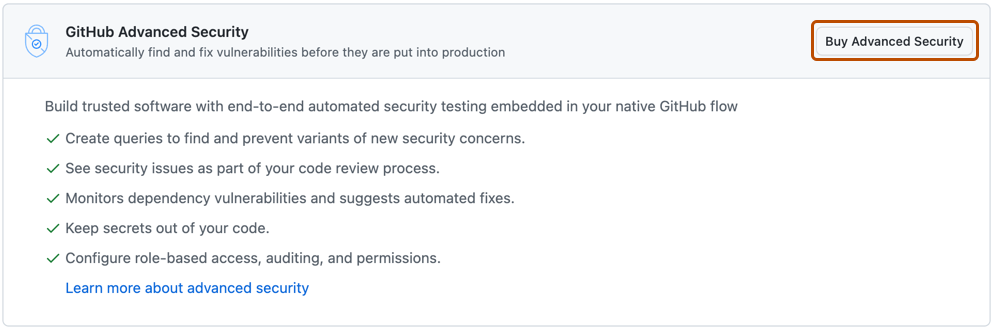 Screenshot of the Advanced Security section of the enterprise licensing screen. The "Buy Advanced Security" button is outlined in orange.